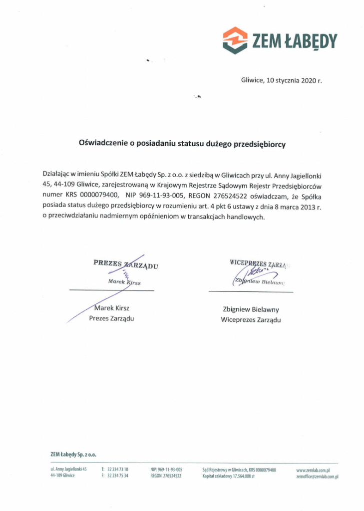 Oświadczenie o posiadaniu statusu dużego przedsiębiorcy